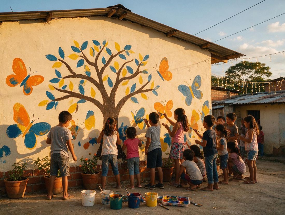 Niños pintando un mural con un árbol y mariposas en una pared exterior