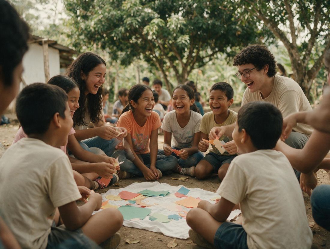 Niños y educadores riendo en círculo durante una actividad al aire libre