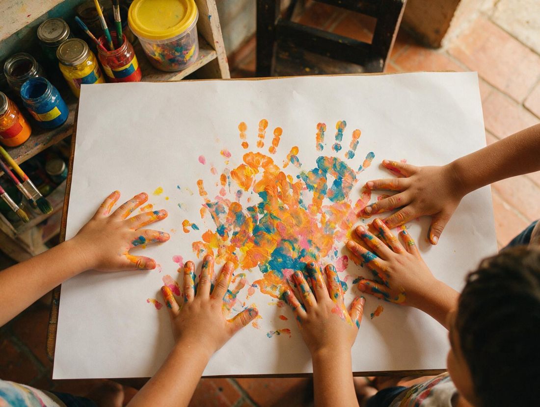 Manos de niños cubiertas de pintura sobre un papel con huellas de colores