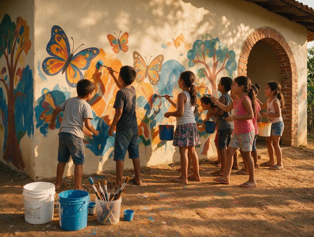 Grupo de niños pintando mariposas de colores en una pared