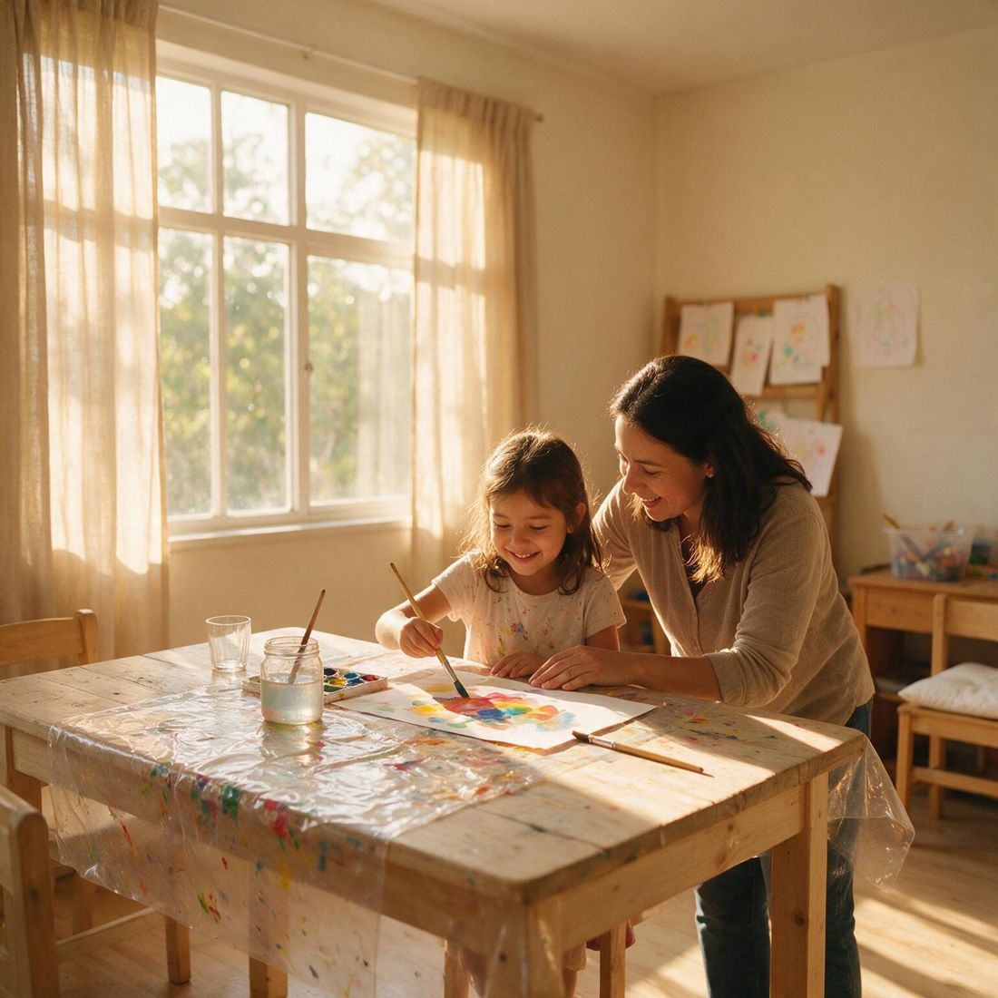 Niña pintando con acuarelas junto a una educadora frente a una ventana luminosa