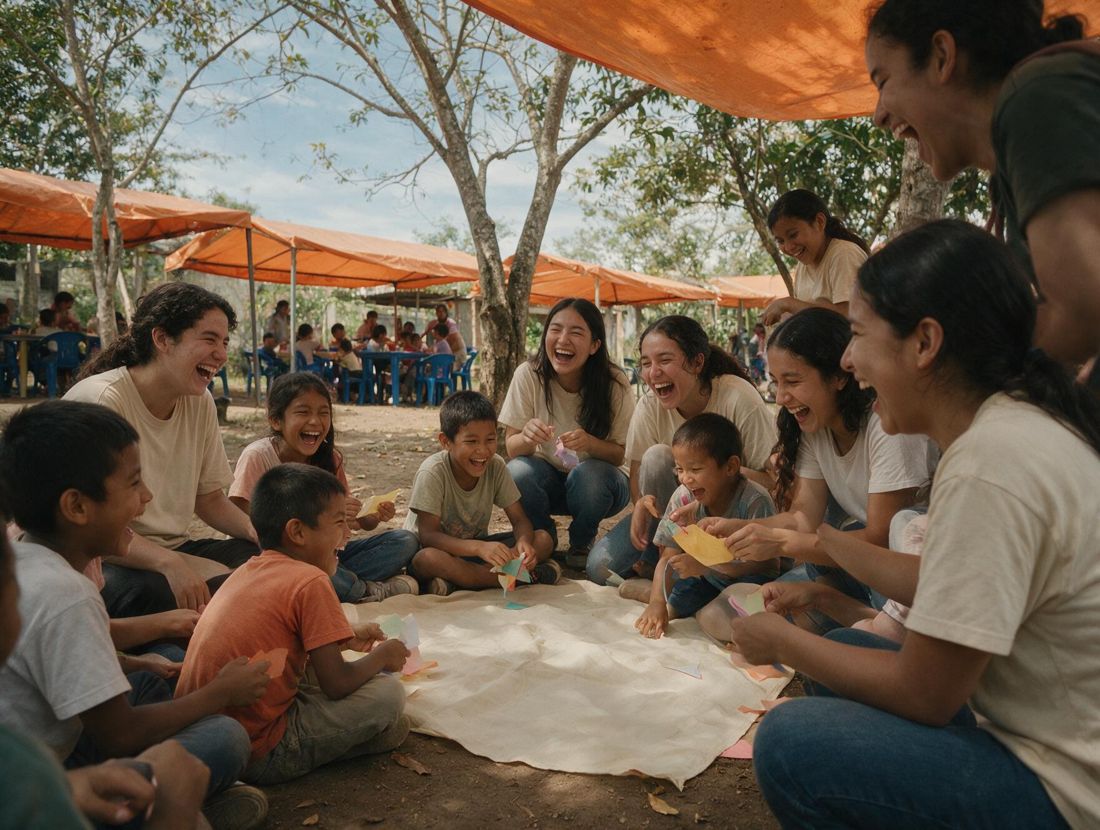 Niños y jóvenes voluntarios riendo con papeles de colores bajo una carpa